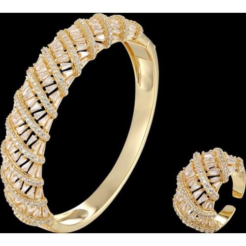 Zlxgirl jewelry Luxury Big African CZ zircon Bangle Bracelet Ring Sets Dubai Gold Silver Plated Jewelry for Women Party Wedding