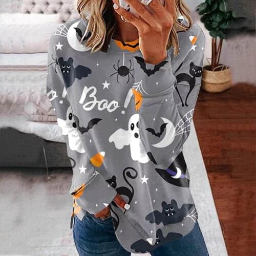 40# Halloween Print Blouse Harajuku Loose Women Round Neck Long Sleeve Pullover Tops Loose Blouses And Shirts Blusas Mujer