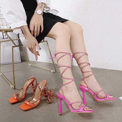 2021 Summer New Fashion Lace Cross Strap Open-toed Square Head Fish Mouth Sandals Womens Sexy Party Banquet High Heels