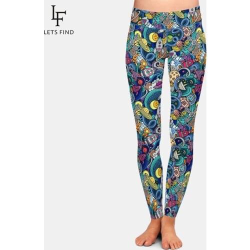 LETSFIND High Waist Women Elastic Casual Leggings 3D Cartoon Hand-drawn Space Style Print Plus Size Girl Full Leggings