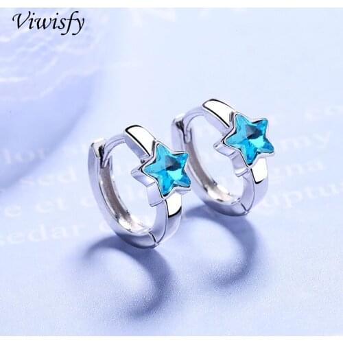 Viwisfy Solid 925 Sterling Silver Jewelry Cute Star Blue Crystal Hoop Earrings For Women VW21103