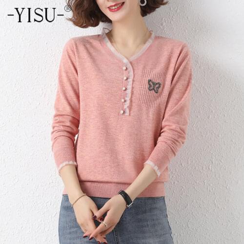YISU Women Thin section Sweater Spring Solid color V-Neck Long sleeve All-match Sweater Jumper Female Casual Knitted Pullover
