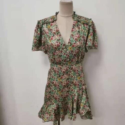 Floral Print Women V-Neck Mini Dress Summer 2021 Short-Sleeved Asymmetric Ruffles Trim Hem Short Robe with Buttons