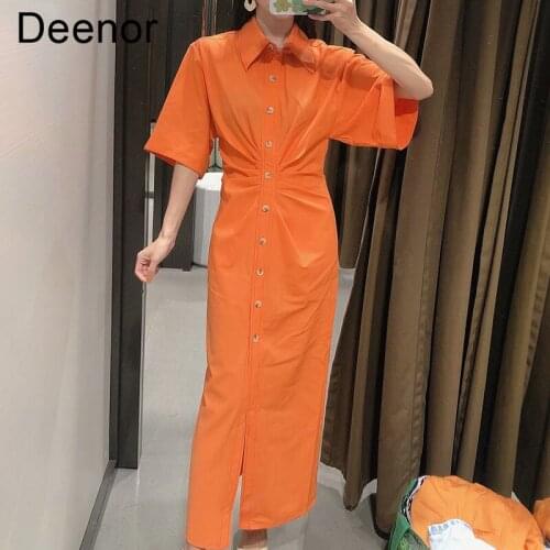 Deenor Women Dresses Chic Fashion Button-up Draped Midi Shirt Dress Vintage Short Sleeve Side Zipper Female Vestidos
