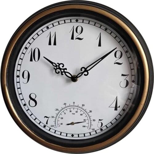 12 Inch Wall Clock and Thermometer, Classic Outdoor/Indoor Design with Large Suitable for Garden, Kitchen, Bathroom