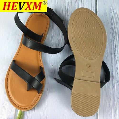 2021 Flat with Women Sandals Casual Buckle Solid Ladies Back Strap Summer Shoes Comfortable PU Leather Gladiator Sandalias Mujer