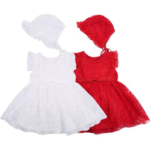 2021 0-2Y Sweet Kid Baby Girls Princess Dress Flower Lace Embroidery Ruffle Short Sleeve Bow Tutu Dress+Hat For Birthday Party