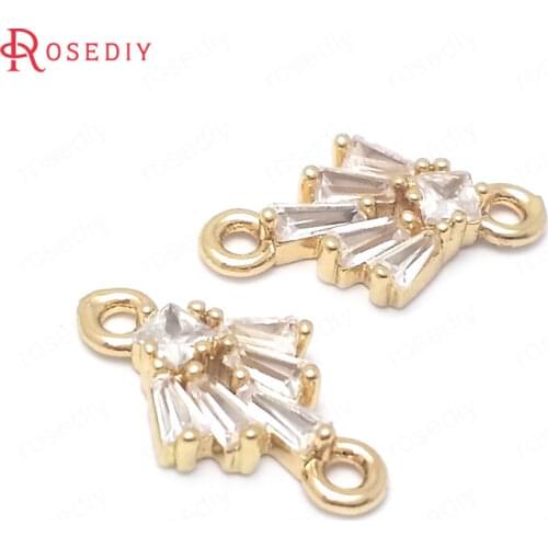 38512)6PCS 15x8.5MM 24K Champagne Gold Color Brass and Zircon 2 Holes Connect Charms Pendants Jewelry Making Supplies