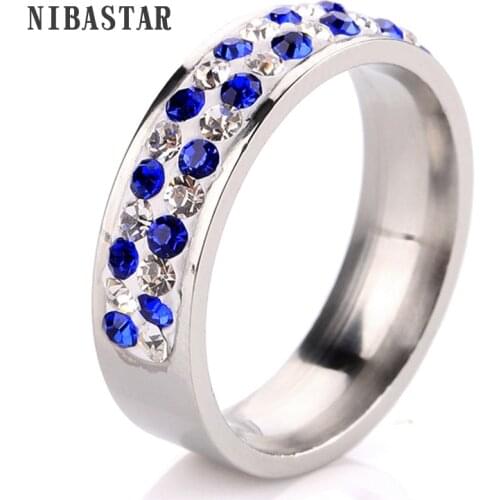 6/7/8/9# Crystal Jewelry Semi-circle Stripes(white&blue) Wholesale Fashion Stainless Steel Rings for women