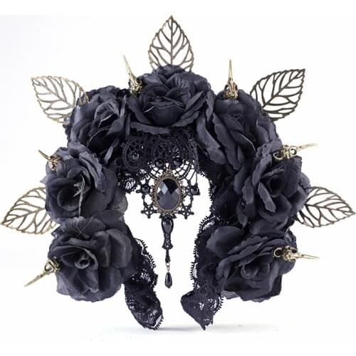 Hair Accessories Handmade Girls Queen Head Wreath Vintage Gothic Black Crown Headband Cosplay Halloween Party Masquerade