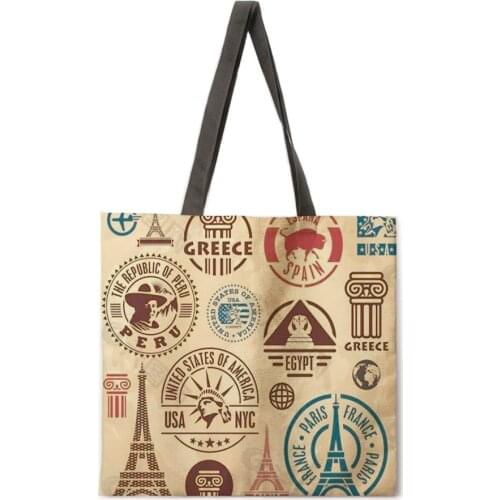 American retro tote bag linen fabric bag casual folding shopping bag outdoor beach bag everyday handbag