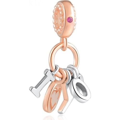 Authentic S925 Silver Pendant Bead fit Lady Bracelet Bangle Rose I Love You Dangle Charms DIY Jewelry