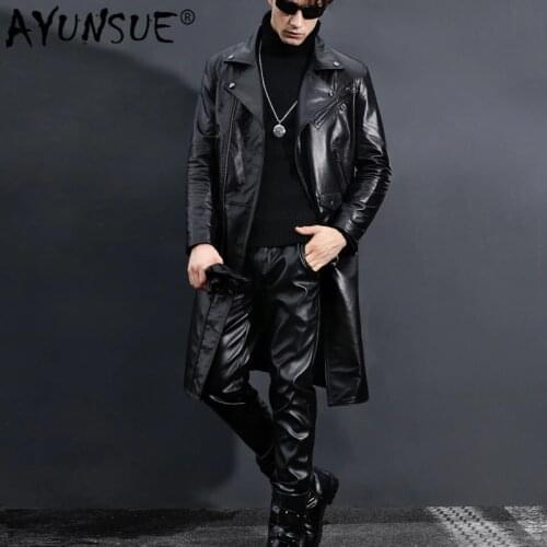 AYUNSUE Genuine Leather Jacket Men Long Windbreaker Autumn Winter 100% Cow Leather Jackets Men Motorcycle Coat 3386 KJ2728