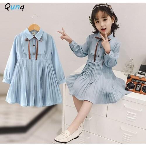Long Sleeve Kids Dresses for Girls Preppy Style Pleated Girls Spring Fall Light Blue Dress 2020 New Children School Clothing