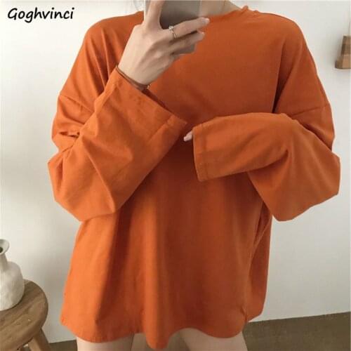 Long Sleeve T-shirts Women Solid Simple Korean-style All-match Loose Leisure Tees Female Comfortable Fashion Daily Basic Chic
