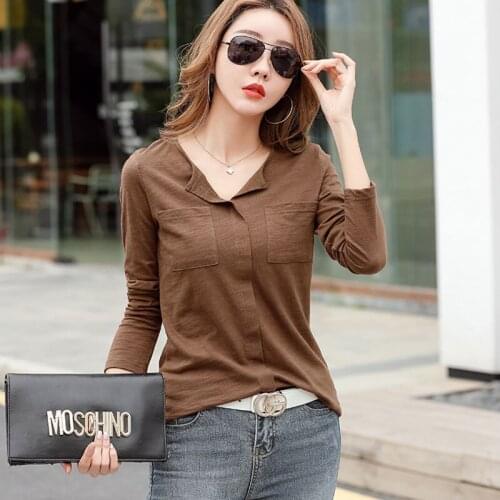 GGRIGHT Cotton Tshirt V-Neck Long Sleeve T Shirt Women 2020 Full T-Shirt Woman Clothes Pockets Tee Shirt Femme Camisetas Mujer