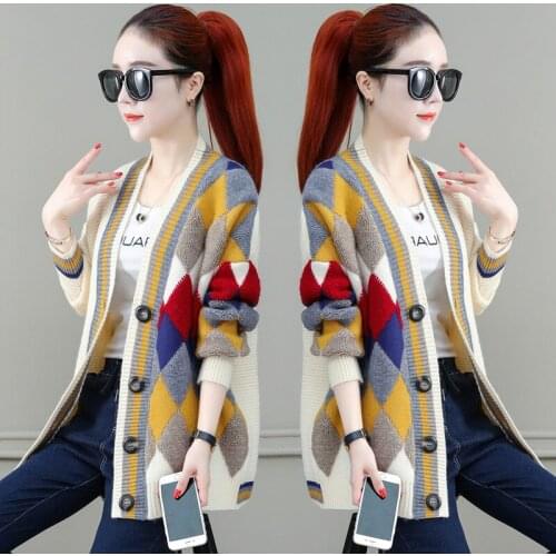 Vintage Fashion Plaid Cardigan Sweater Women Autumn winter Warm Knitted Sweater Ladies Loose Casual V-neck Knit Cardigan Tops