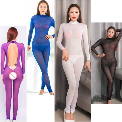 Candy Color Long Sleeve Bodysuit Romper Womens Jumpsuit Transparent Wetlook Bodystocking Sexy Hot Erotic Lingerie Teddies Overol