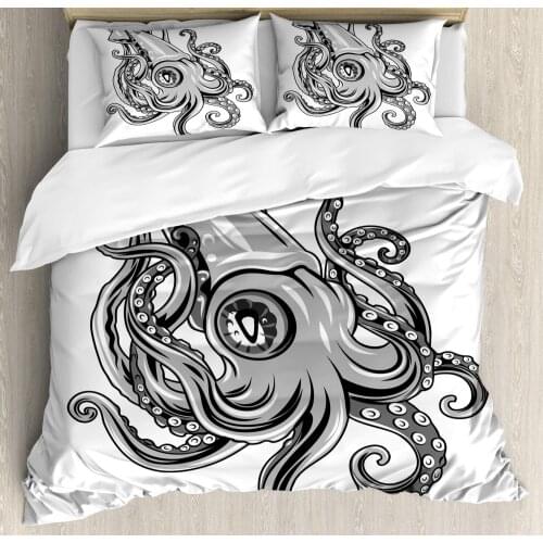 Kraken Duvet Cover Set Squid Fish with Fins Sea Animal Cuttlefish Underwater Alien Artisan Design Print 3 Piece Bedding Set Grey