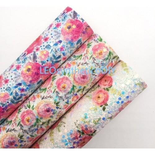 LEOsyntheticoDIY Flowers Printed Chunky Glitter Vinyl Fabric Sheet Felt Backing Synthetic Leather Faux Vinil DIY A4 SIZE 6S40A