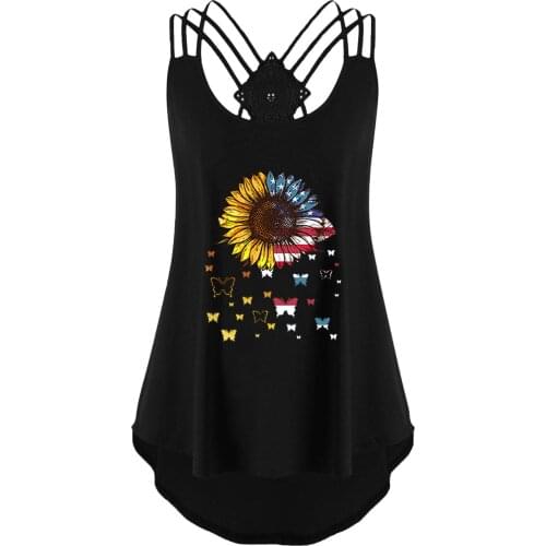 Plus Size Black Tops For Ladies Blusas Feminina Womens Summer Sunflower Print Sleeveless Back Cross Strap Cassette Tank Tops