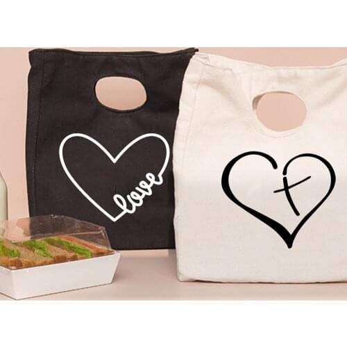 Love Print Fashion Portable Lunch Box Bag for Kids Canvas Harajuku Insulated Lunch Bag High Capacity School Food Storage Bags