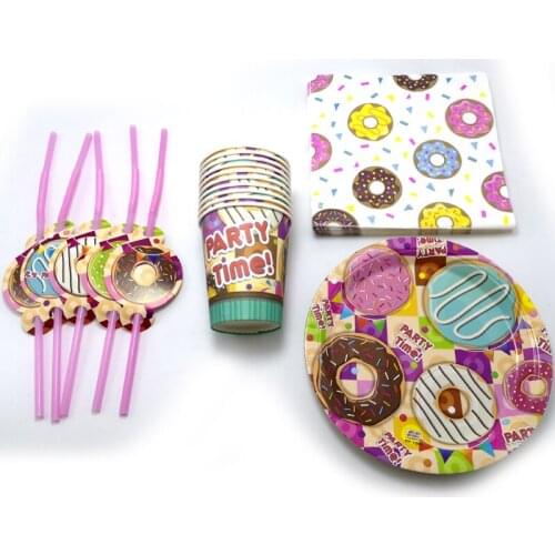 Birthday Party Donuts Theme Tableware Set Decorate Plates Cups Paper Towel Dishes Baby Shower Napkins Drinking Straws 80pcs/lot