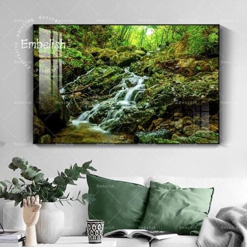 Waterfall Through Rocks Forest Wall Pictures Green Landscape Home Decor Posters HD Spray On Canvas Oil Painting For Living Room