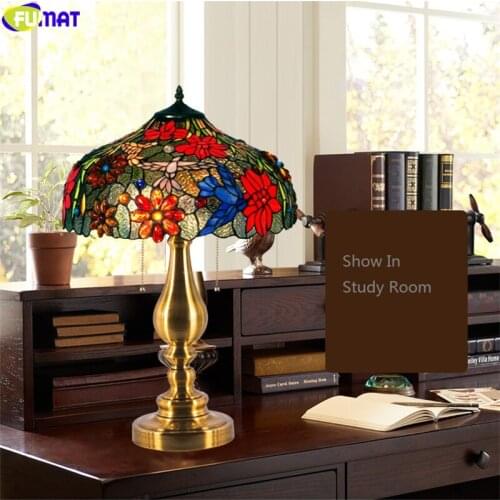 FUMAT Chrysanthemum Hummingbird Stained Glass Table Lamp Tiffany Style Light Decorative Reading Lighting Colorfull Lampshade Art