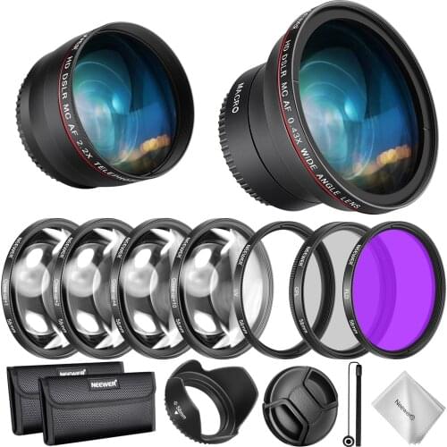 Neewer 52/55/58mm Lens and Filter Accessory Kit for Nikon AF-P DX 18-55mm:0.43X Wide Angle Lens,2.2XTelephoto Lenses,UV/CPL/FLD