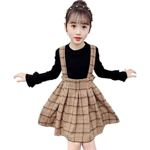 Girls Clothes Tshirt + Dress Girls Clothing Plaid Pattern Girls Sets Clothing Casual Style Childrens Tracksuits