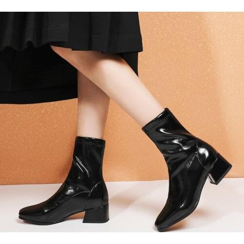 Solid white Ankle Boots Autumn Square Mid Heels Female Square toe PU Leather Boots Ladies Casual Slip on Women Shoes Woman Boots