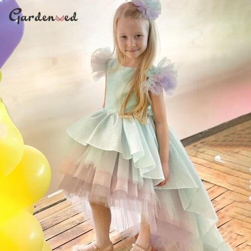 Unicorn Girl Princess Dress High Low Flare Sleeve Girl Birthday Dress Mint Cute Layers Baby Girl Dress детские платья
