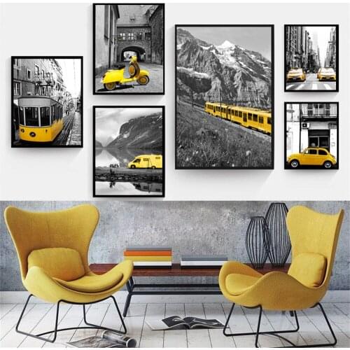 Modern Posters and Prints Yellow balloon scenery Yellow car Wall Art Pictures for Living Room Home Decoration