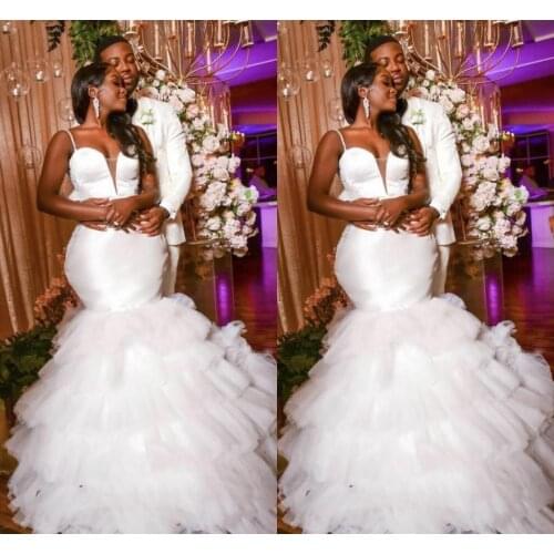 African Plus Size Mermaid Wedding Dresses Spaghetti Straps Satin Plunging Sheer V Neck Lace Applique Tiered Skirt Tulle Wedding