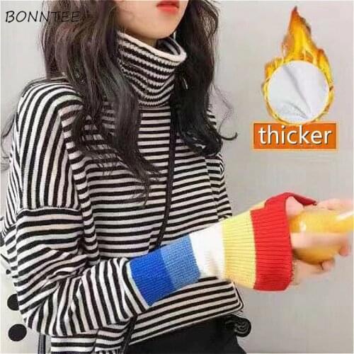 Sweaters Women Striped Thicker Fall New Trendy Turtleneck Knitwear Soft Girls Loose All-match Elegant Simple Clothing Pullovers
