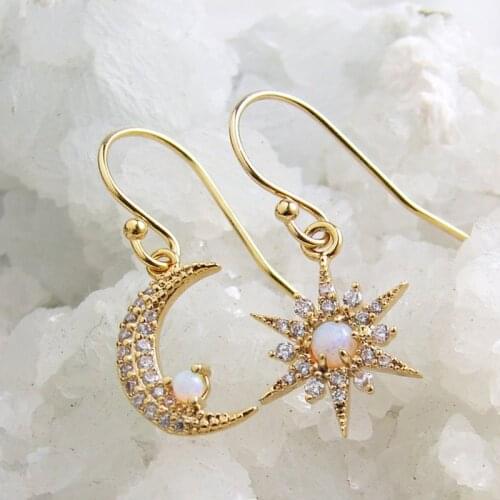 Vintage Opal Zircon Stone Dangle Earrings Fashion Gold Color Asymmetry Earrings Classic Female Star Moon Drop Earrings For Women