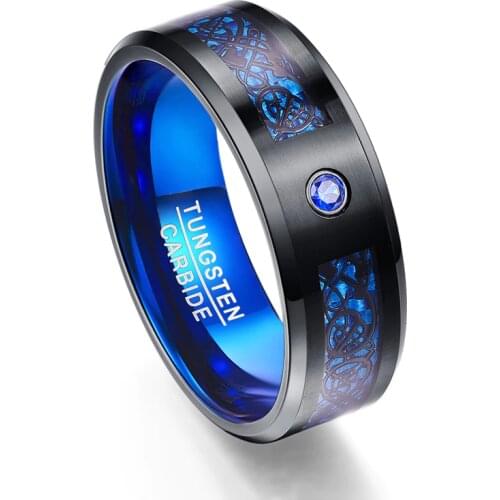 Foreign Trade Carbon Fiber Scrub Blue Zircon Men Rings 100% Tungsten Carbide Anillos para hombres Black Dragon