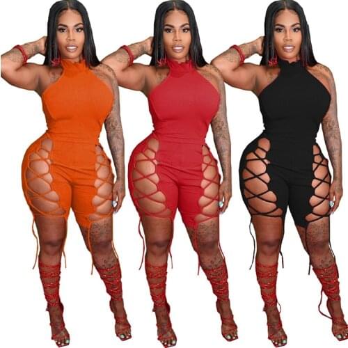 Women Backless Halter Jumpsuits Summer Sleeveless Backless Rompers Side Lace Up Bandage One Piece Overalls Casual Clubwear