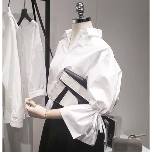 Womens spring autumn flare sleeve v neck white cotton shirt female casual loose basic Shirt plus size tops Blouse TB455