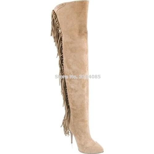 Women Elegant Beige Black Grey Fringe Long Boots Pointed Toe Thigh High Boots Nice Tassel Over The Knee Tall Boots Plus Size