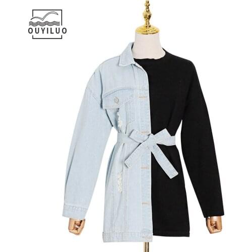 Streetwear New Stitching Contrast Color Denim Waist Fake Two Piece Sweater Women Autumn And Winter Loose Top Women Свободный топ