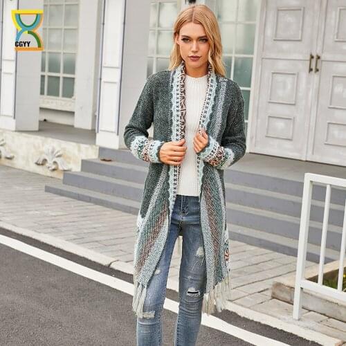 CGYY Womens Colorful Boho Sweater Blue Grey Color Knitted Open Front Autumn Spring Cardigan With Fringe Tassel And Pockets