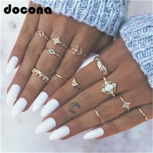 Docona Trendy Gold Color Crystal Moon Star Crown Shape Ring Set for Women Girl Metal Geometric Rhinestone Knuckle Midi Ring 3377