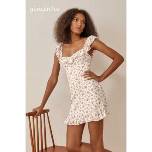 Yinlinhe White Floral Ruffles Dress Women Backless Elastic Summer Dress Outfits SexyMini Beach Dresses Vocation French 2193