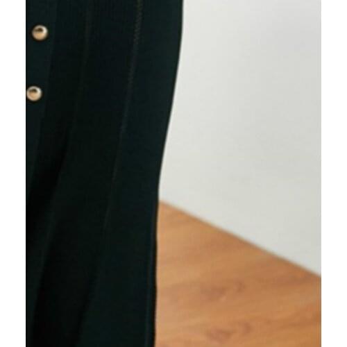 Black Knit Dress Women Long Sleeve Single Breasted V-neck Slim Hem Pleated Stitching Knitted Mid-calf Dress 2020 Early Autumn