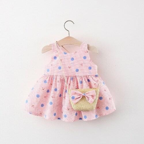 2021 New Fashion Baby Girl Plaid Princess Dress Cute smiley Cotton Casual cherry Beach Bow Print Sundress with Bow Straw Bag
