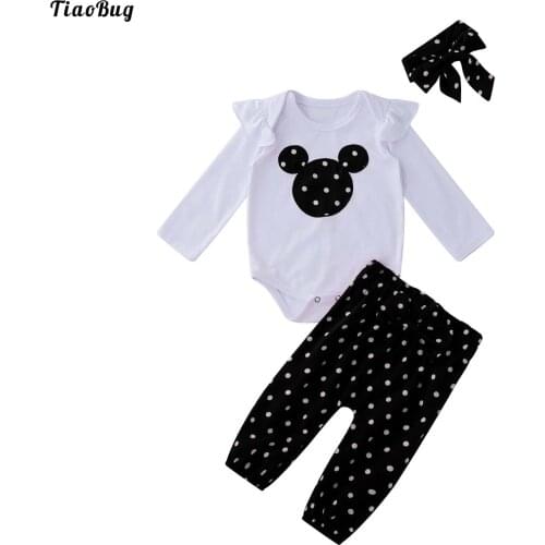TiaoBug 3Pcs Spring Autumn Infant Baby Girls Suit Long Sleeves Cartoon Polka Dots Print Romper With Pants And Headband Set