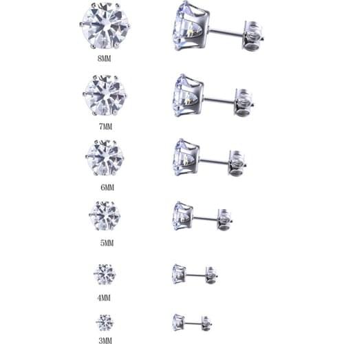 6 Pair/set Cubic Zircon Stud Earrings 3/4/5/6/7/8MM Six Claw Zircon Silver Color Earring Stud Women Ladies Fashion Jewelry