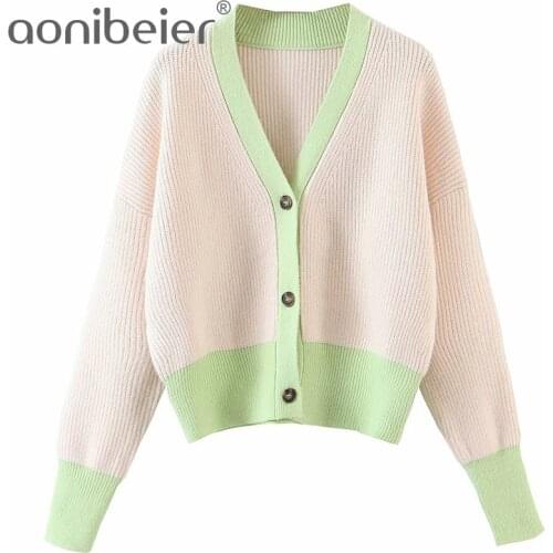 Aonibeier Green Panels Patchwork Knit Cardigan Autumn Drop Shoulder V Neck Single Breasted Woman Casual Loose Sweaters 2021 Za